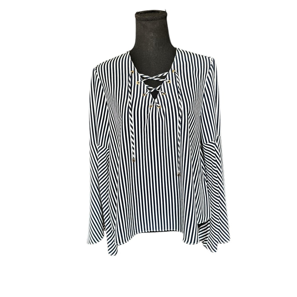 Philosophy Striped Lace-Up Blouse Bell Sleeve Coastal Chic Nautical Top M NWT